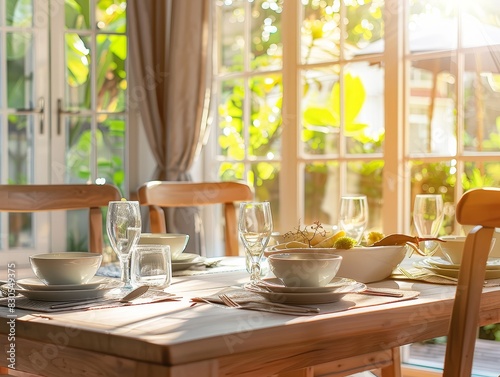Wallpaper Mural A serene dining room with a beautifully set table, ready for a meal. The sunlight pours in through large windows, highlighting the elegant tableware and creating an inviting ambiance for a delightful Torontodigital.ca