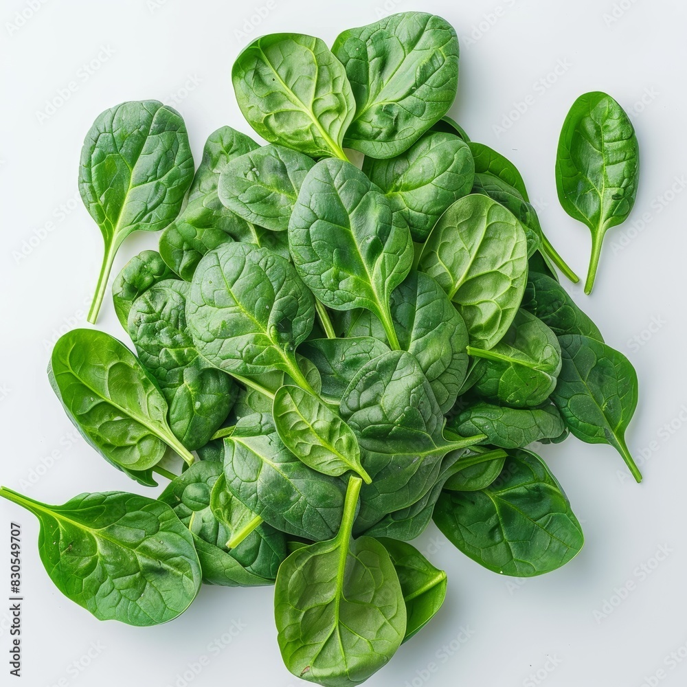 Fresh Spinach Aerial View on White Background Generative AI Fresh Spinach Aerial View on White Background Generative AI