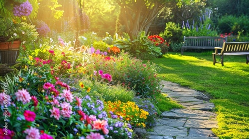 Fototapeta Naklejka Na Ścianę i Meble -  A well-maintained garden with a variety of colorful flowers, a stone pathway, and a wooden bench. The sunlight creates a vibrant and peaceful outdoor retreat.