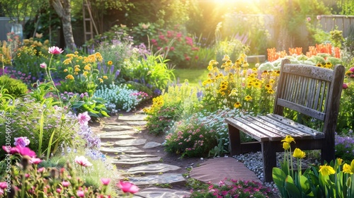 A well-maintained garden with a variety of colorful flowers  a stone pathway  and a wooden bench. The sunlight creates a vibrant and peaceful outdoor retreat.