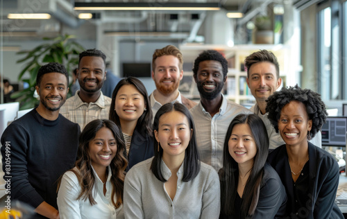 Diverse professionals smiling together in a high-tech office environment