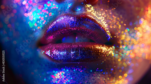 Vibrant glitter lips under colorful lighting  Close-Up of female lips coloured with lipstick