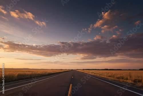 A landscape pf a straight highway with beautiful sunset
