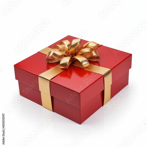 Red gift box with gold ribbon isolated on white background. Generative AI
