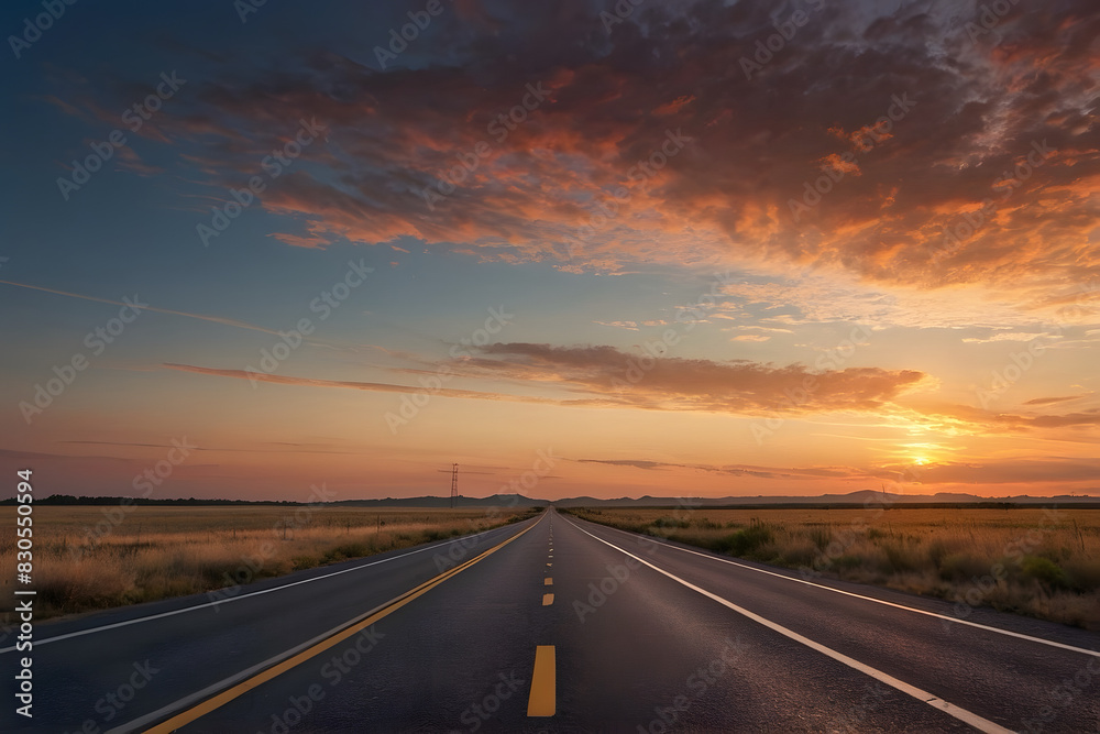 A landscape pf a straight highway with beautiful sunset