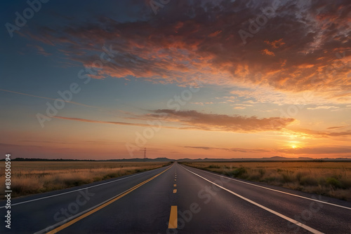 A landscape pf a straight highway with beautiful sunset © AungThurein