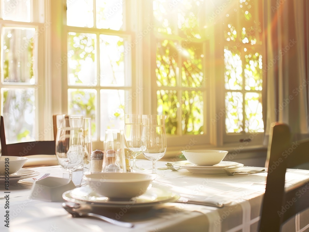 A serene dining room with a beautifully set table, ready for a meal. The sunlight pours in through large windows, highlighting the elegant tableware and creating an inviting ambiance for a delightful