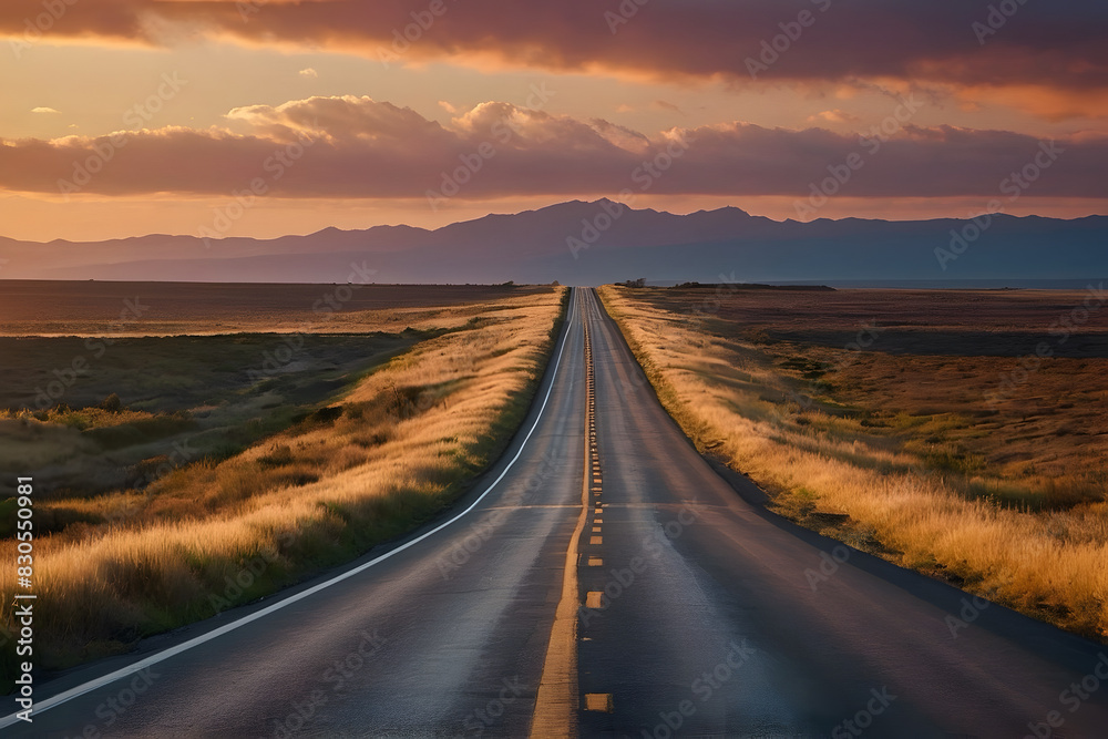 Naklejka premium A landscape pf a straight highway with beautiful sunset