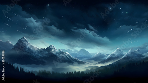 digital cyan blue night mountains and stars design graphics poster background © yonshan