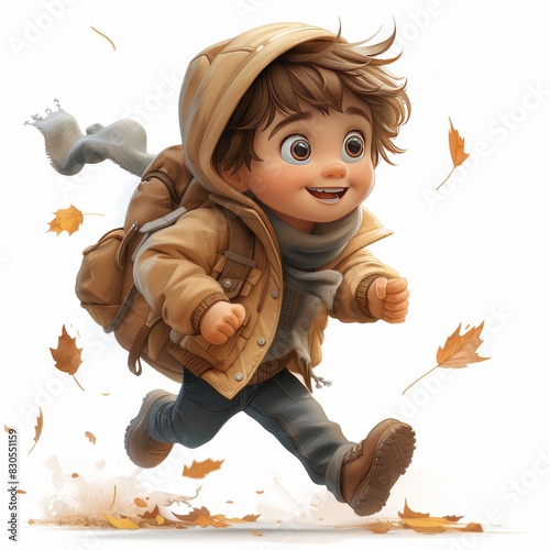 Cute little boy with backpack on white background