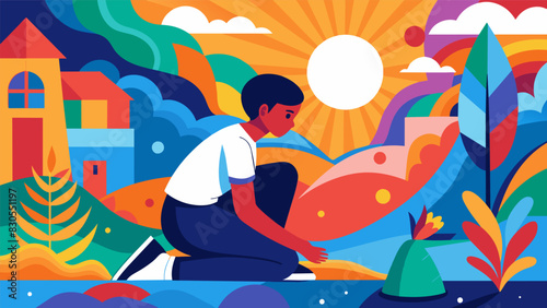 A student kneeling in front of a mural capturing its vibrant colors and the story it tells.. Vector illustration