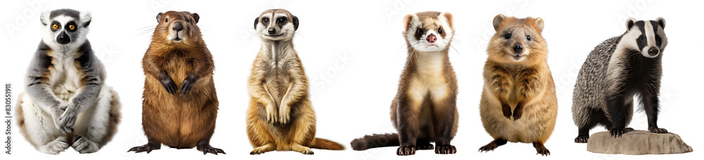 Set of 6 wild wildlife small furry mammal animal family, badger, beaver, ferret, lemur, meerkat, quokka, full body shot isolated on transparent cutout, PNG file Set of 6 wild wildlife small furry mammal animal family, badger, beaver, ferret, lemur, meerkat, quokka, full body shot isolated on transparent cutout, PNG file
