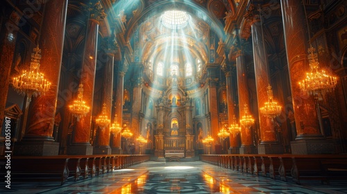 An awe-inspiring interior of a grand cathedral with ornate architecture  bathed in golden light streaming through the dome.