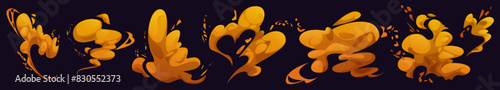 Dust smoke and magic cloud air spray comic cartoon. Speed steam puff effect. Bomb explosion and fog isolated set. Abstract smog vapor texture element for manga game graphic. Fume motion trail