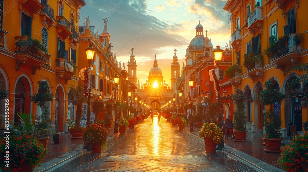 Golden hour illuminates a picturesque European street lined with vibrant buildings, lush potted plants, and historical architecture, leading to a majestic cathedral.