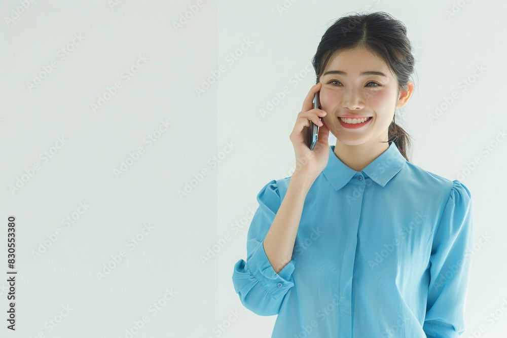 Young Japanese woman wearing a blue blouse, smiling and talking on the phone isolated against a white background. An Asian female in a casual style is using a cellphone while standing at home or in an Young Japanese woman wearing a blue blouse, smiling and talking on the phone isolated against a white background. An Asian female in a casual style is using a cellphone while standing at home or in an