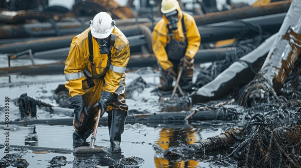 Workers in protective gear clean up an oil spill, demonstrating the ongoing challenges of managing oil's environmental impact Workers in protective gear clean up an oil spill, demonstrating the ongoing challenges of managing oil's environmental impact