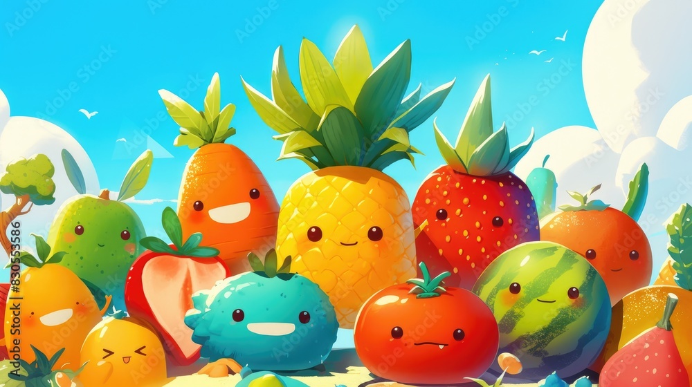 Join the playful adventure of Cheerful Mix Fruits as they team up with quirky cartoon vegetables of all shapes to tackle diverse projects Join the playful adventure of Cheerful Mix Fruits as they team up with quirky cartoon vegetables of all shapes to tackle diverse projects