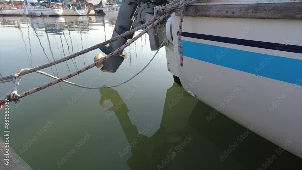 Sailing Rope Motor back of a yacht with an outboard motor tied with ropes to a walk-on ...