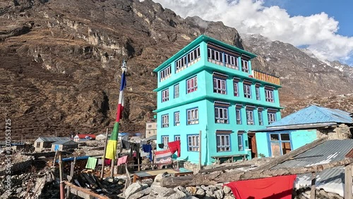 Town scape of Langtang valley trek.Beautiful urquoise mountain lode in Nepal. langtang village photo