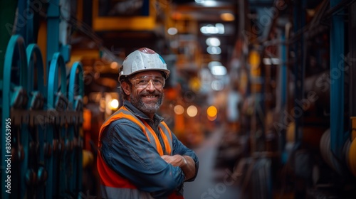 A Distinguished Caucasian Male Engineer Smiling With Arms Crossed, Industrial Environment, Risk Mitigation Concept, PPE, Copy Space. © HikikomorAI