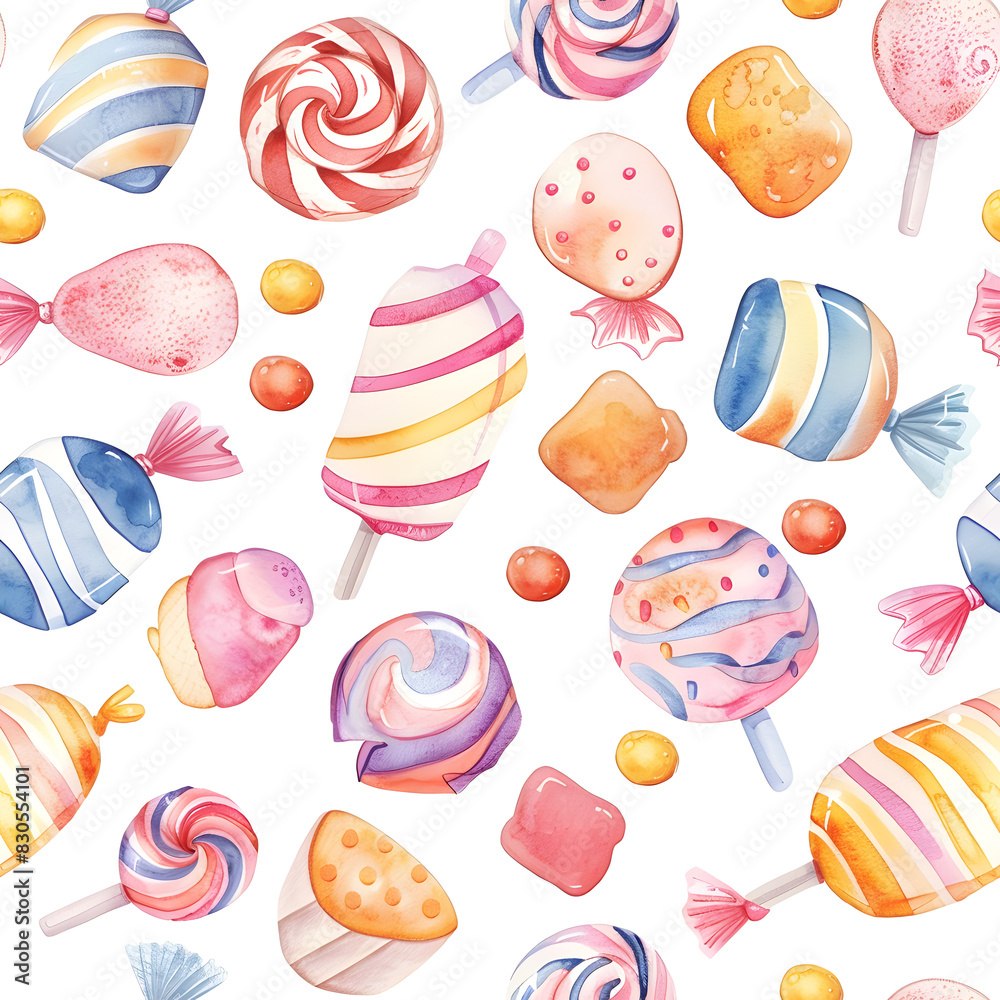 Cute seamless pattern candy and ice cream cartoon on background in watercolor style.