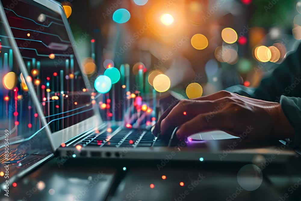 Businessman working with laptop and virtual screen of business graph, data science or big limbs marketing concept. Businessman working with laptop and virtual screen of business graph, data science or big limbs marketing concept.