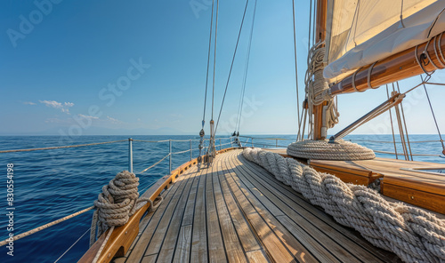 A sailboat's wooden deck with a mast and rope under a clear blue sky