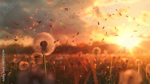 The seed direction of the big Dandelion blowball generation is sunset
