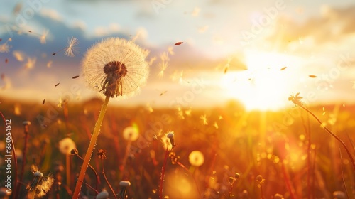 The seed direction of the big Dandelion blowball generation is sunset