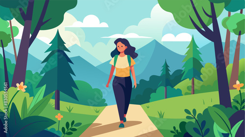 A woman hiking through a beautiful forest feeling recharged and rejuvenated by the physical and mental benefits of being in nature.. Vector illustration