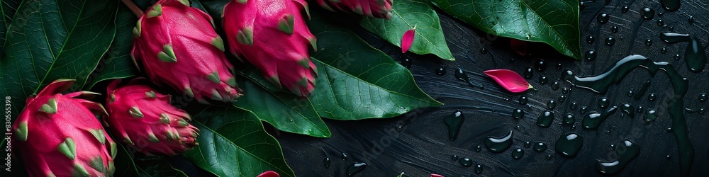 Thai dragon fruits top view background with copy space Thai dragon fruits top view background with copy space