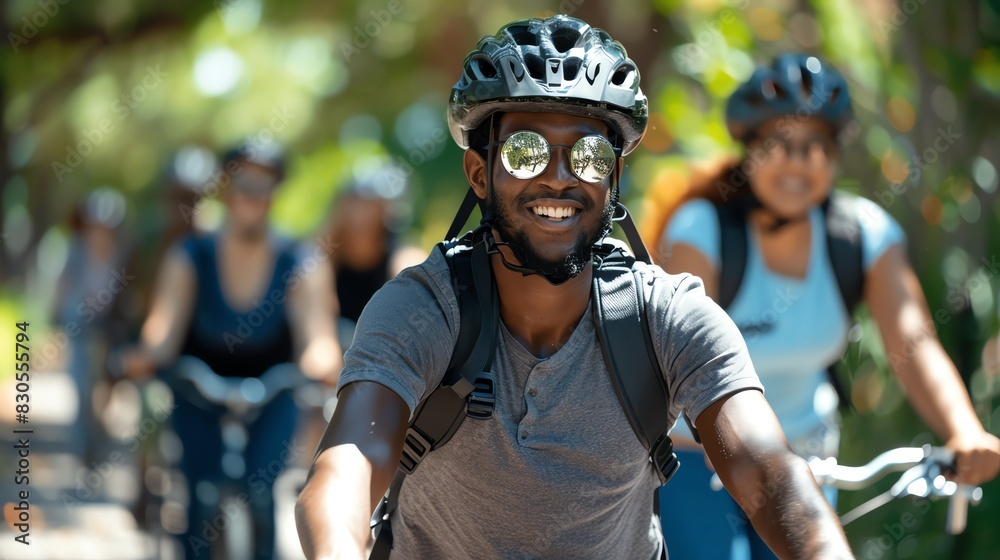 Group of diverse people smiling while cycling on a sunny day. Group of diverse people smiling while cycling on a sunny day.