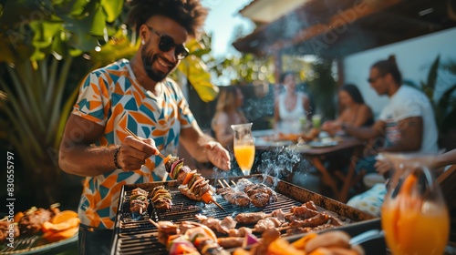 Man grilling food at a summer barbecue with friends. photo