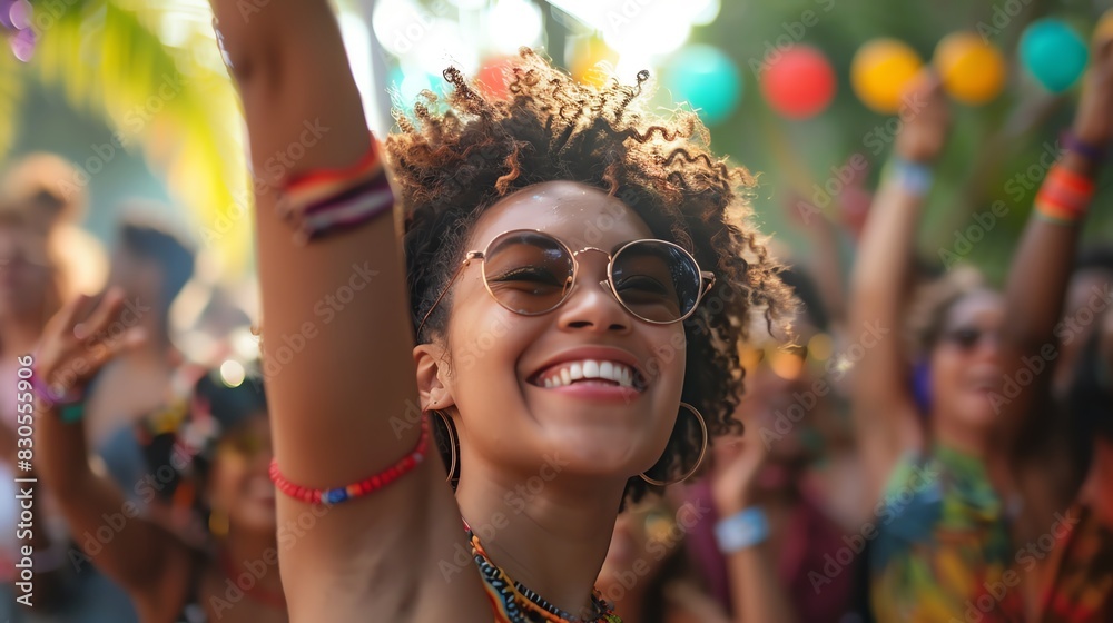 Smiling woman with curly hair at a music festival, hands raised in the air