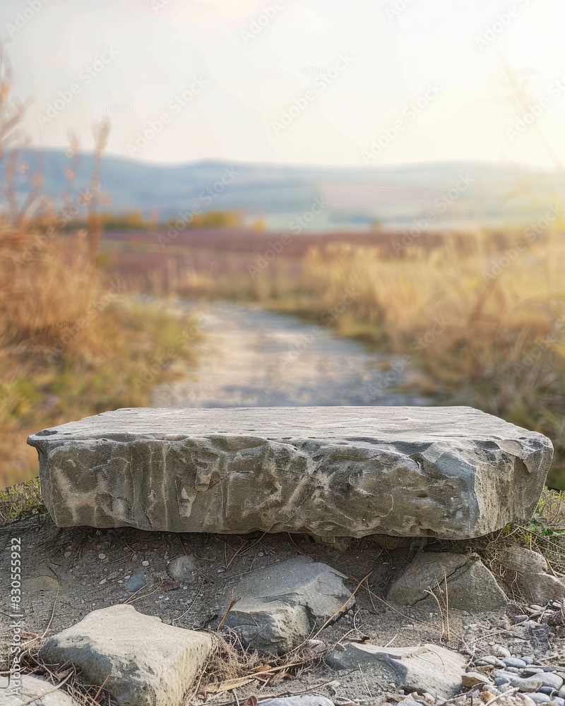 Obraz premium stone podium for product presentation, gravel village road background design poster art work banner advertising