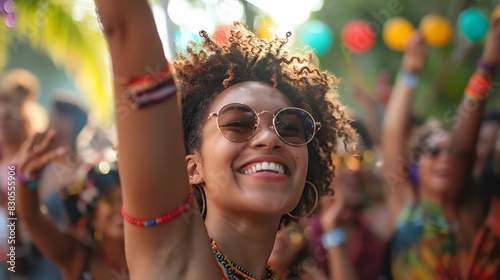 Smiling woman with curly hair at a music festival, hands raised in the air © LittleDreamStocks