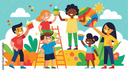 A group of children decorating a large community mural to be displayed at the festival symbolizing the unity of their neighborhood.. Vector illustration