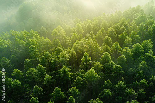 Aerial photography of the vast coniferous forest under early morning sunlight