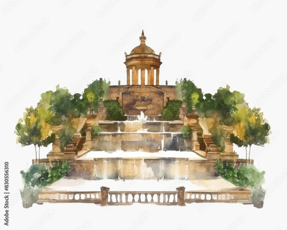 Park with shrubs, trees, buildings in Italy. Cascading waterfall. Isolated watercolor illustration on white background. Park with shrubs, trees, buildings in Italy. Cascading waterfall. Isolated watercolor illustration on white background.