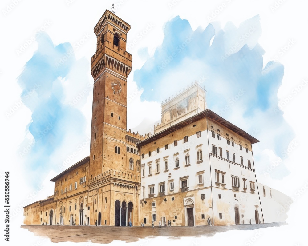 Fototapeta premium Palazzo Vecchio Florence landmark. Isolated watercolor illustration on white background