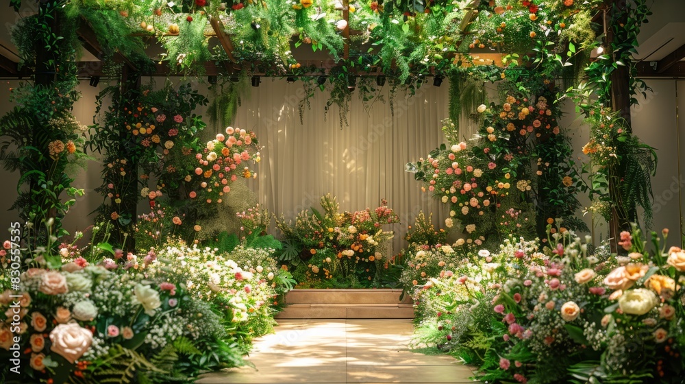 A garden-inspired stage overflowing with lush greenery, blooming flowers, and delicate vines, natural beauty for the bride and groom's ceremony. Generative AI.