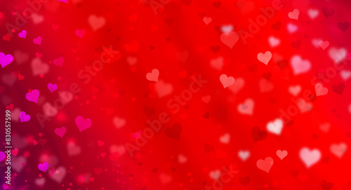 Delicate scarlet background with pink bokeh hearts.