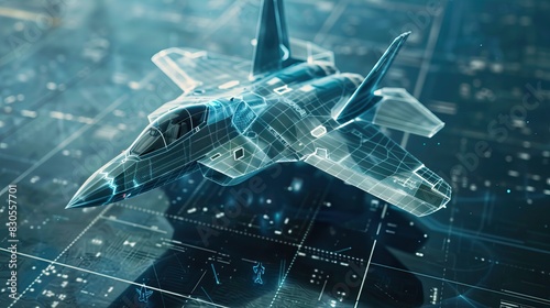 Futuristic holographic jet fighter blueprint with digital interface on dark background