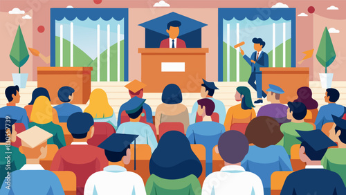 In a crowded gymnasium parents and teachers attend a panel discussion on ways to motivate and engage students in their education.. Vector illustration