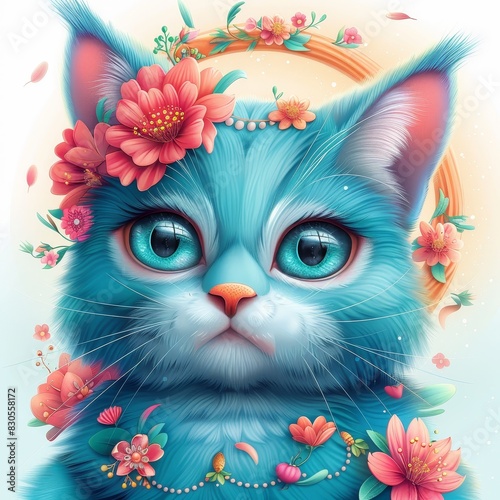 Adorable blue cat with floral decorations, showcasing bright blue eyes and colorful flowers, perfect for spring themes.
