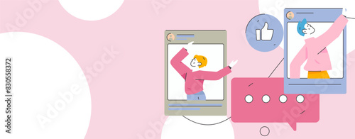 Virtual characters social communication concept business flat vector hand drawn illustration
