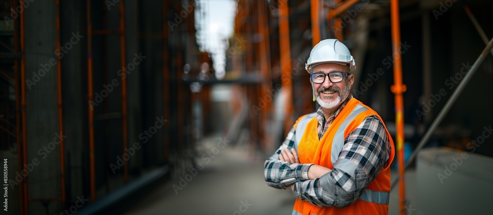 A Distinguished Caucasian Male Engineer Smiling With Arms Crossed, Civil Construction Environment, Risk Mitigation Concept, PPE, Copy Space.
