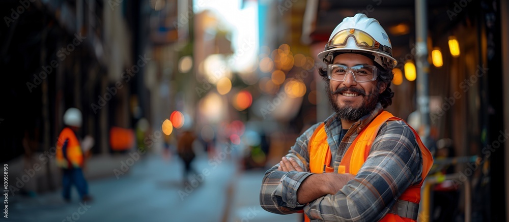 A Distinguished Caucasian Male Engineer Smiling With Arms Crossed, Civil Construction Environment, Risk Mitigation Concept, PPE, Copy Space.
