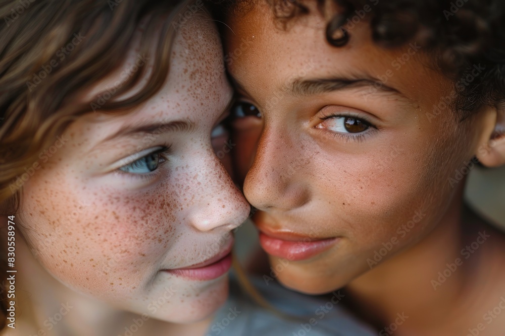 An intimate close-up shot of a teenage boy and girl, their faces close together as they share a secret. The girl is whispering into the boy's ear, both smiling softly. The background is softly out of An intimate close-up shot of a teenage boy and girl, their faces close together as they share a secret. The girl is whispering into the boy's ear, both smiling softly. The background is softly out of